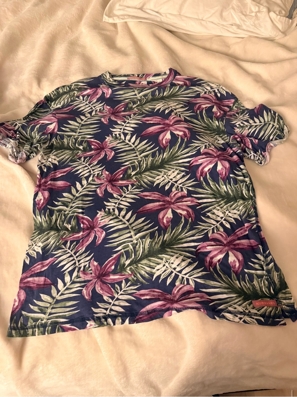 Scotch & Soda Navy Tropical Floral Short Sleeve Tee with Pink Flowers